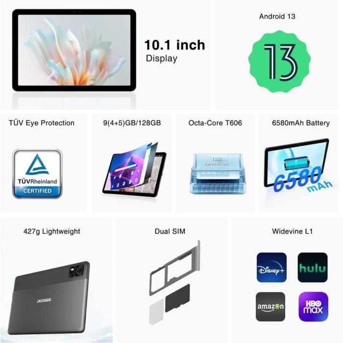 DOOGEE T10E Android 13 Tablet Dual 4G LTE+5G WiFi 9GB + 128GB(1TB TF), 10-calowy tablet dotykowy z ośmiordzeniowym procesorem,