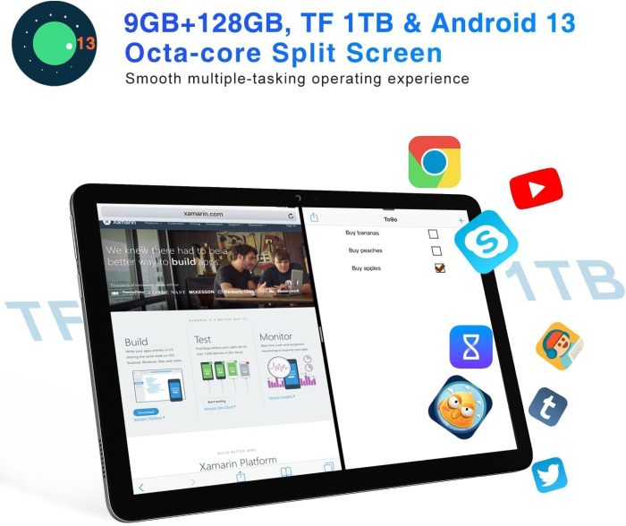 DOOGEE T10E Android 13 Tablet Dual 4G LTE+5G WiFi 9GB + 128GB(1TB TF), 10-calowy tablet dotykowy z ośmiordzeniowym procesorem,