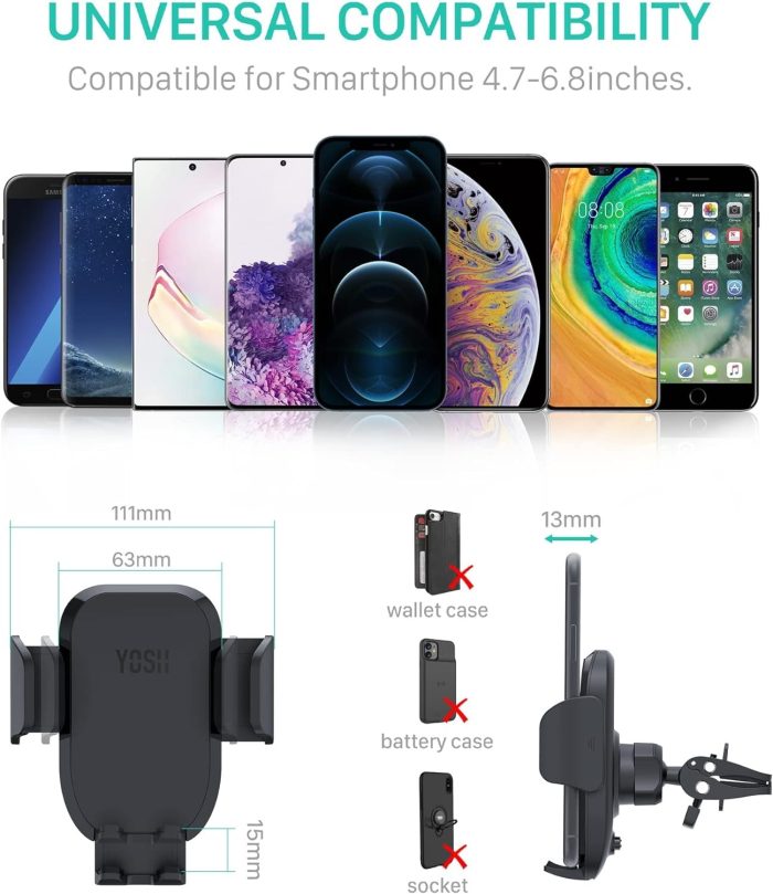 YOSH Uchwyt samochodowy, uchwyt na telefon, 2024, funkcja pamięci, na kratkę nawiewu, stabilne klipsy, do iPhone'a 14, 13, 12,