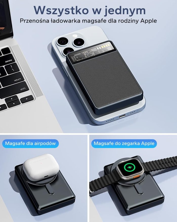 KPON Magnetyczny bezprzewodowy powerbank, 10000 mAh, 3 w 1 Magsafe Power Bank,magnetyczna bateria do