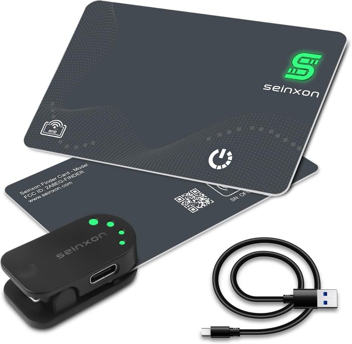 SEINXON Wyszukiwarka portfeli, karta blokująca RFID, IP68, lokalizator przedmiotów z klipsem do ładowania, działa z aplikacją
