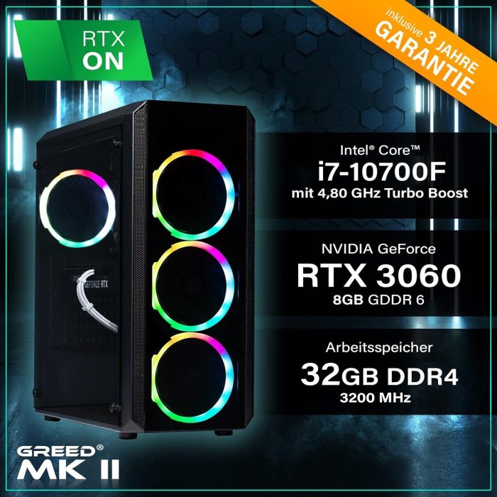 Greed® MK2 Pro komputer gamingowy High End - Intel Core i7 11700F + Nvidia Geforce RTX 4070 12 GB - ultra szybki komputer RGB +