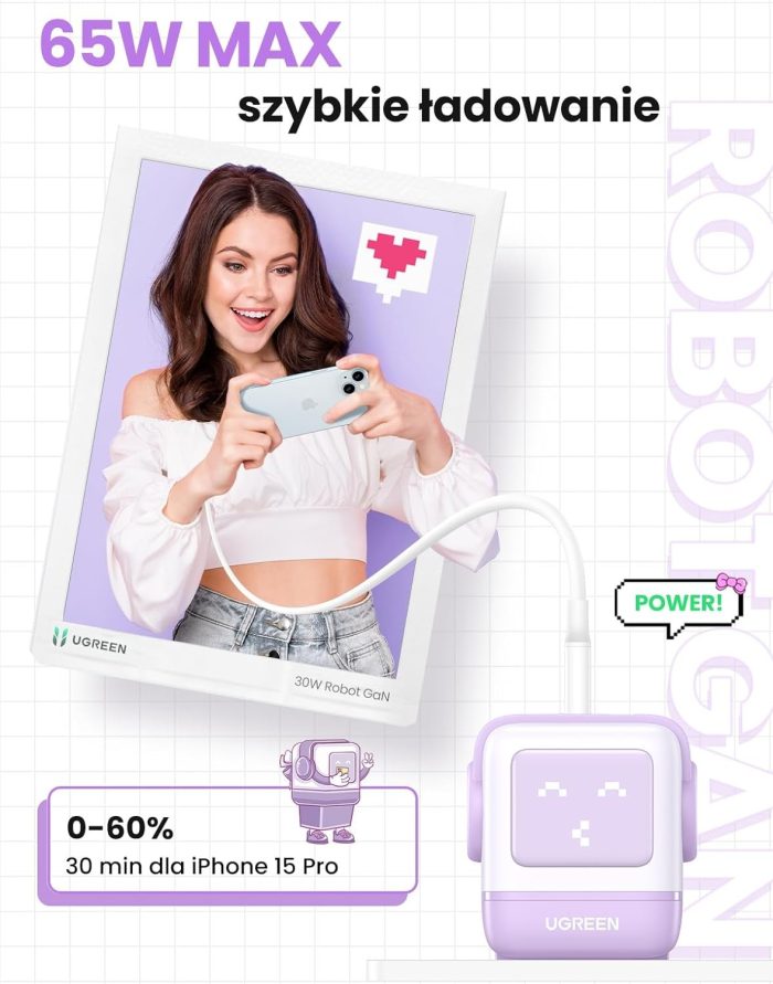 UGREEN Nexode RG Ładowarka USB C Robot o mocy 65 W Ładowarka GaN Zasilacz USB C 3-portowa szybka ładowarka Robot Kompatybilna z