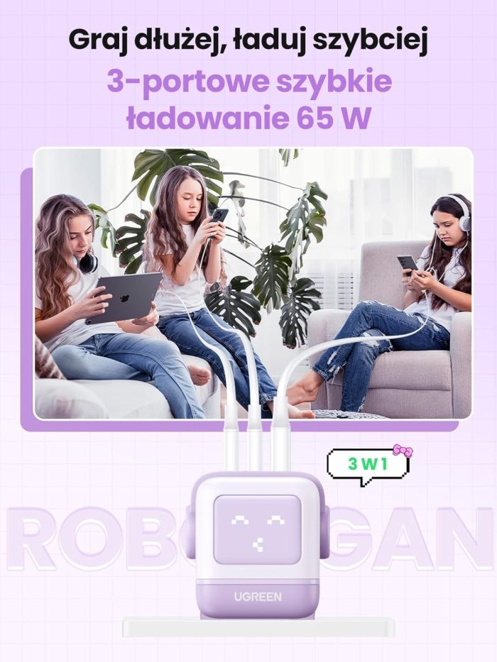 UGREEN Nexode RG Ładowarka USB C Robot o mocy 65 W Ładowarka GaN Zasilacz USB C 3-portowa szybka ładowarka Robot Kompatybilna z