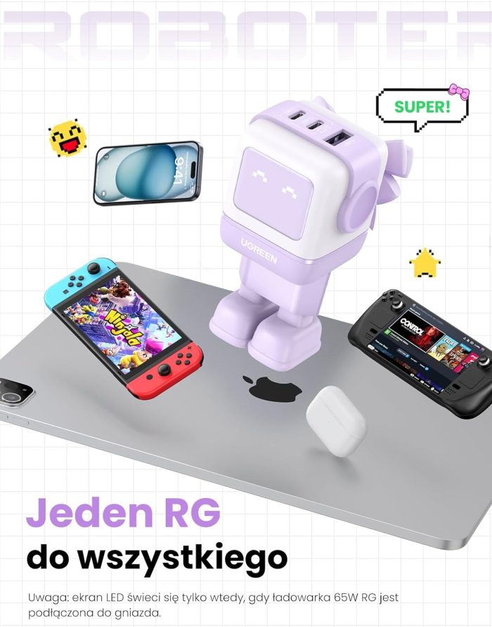 UGREEN Nexode RG Ładowarka USB C Robot o mocy 65 W Ładowarka GaN Zasilacz USB C 3-portowa szybka ładowarka Robot Kompatybilna z