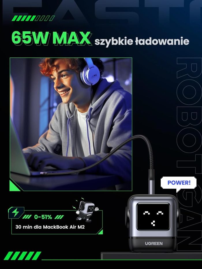 UGREEN Nexode RG Ładowarka USB C Robot o mocy 65 W Ładowarka GaN Zasilacz USB C 3-portowa szybka ładowarka Robot Kompatybilna z