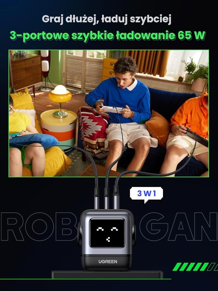 UGREEN Nexode RG Ładowarka USB C Robot o mocy 65 W Ładowarka GaN Zasilacz USB C 3-portowa szybka ładowarka Robot Kompatybilna z