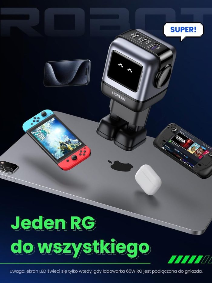 UGREEN Nexode RG Ładowarka USB C Robot o mocy 65 W Ładowarka GaN Zasilacz USB C 3-portowa szybka ładowarka Robot Kompatybilna z