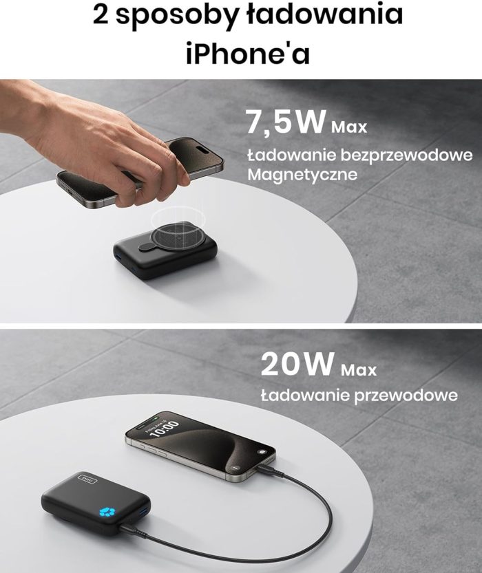 INIU Magnetyczny powerbank, mały, ale mocny, 10 000 mAh, 20 W, z wejściem i wyjściem USB C, magnetyczne, zewnętrzne akumulatory