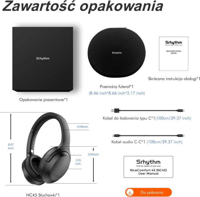 Słuchawki Srhythm NiceComfort 45 z aktywną redukcją szumów, bezprzewodowy zestaw słuchawkowy Bluetooth z trybem