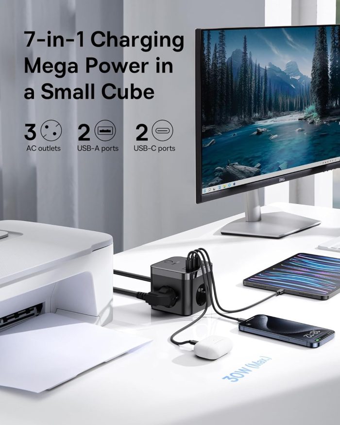 Baseus GaN5 listwa zasilająca USB C, 30 W, kostka, ładowarka USB C, 3-krotne gniazdko z przełącznikiem, przenośna ładowarka PD