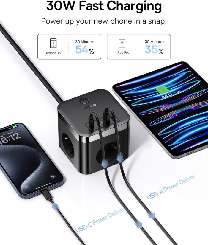 Baseus GaN5 listwa zasilająca USB C, 30 W, kostka, ładowarka USB C, 3-krotne gniazdko z przełącznikiem, przenośna ładowarka PD