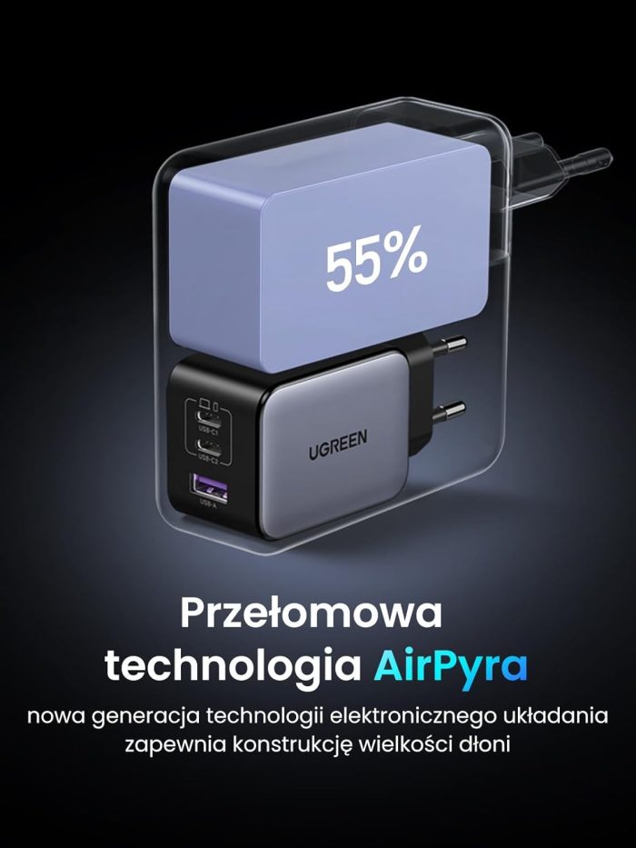 UGREEN Nexode X 65W Ładowarka USB-C Zasilacz mini PD 3-portowa ładowarka GaN Kompaktowa szybka ładowarka PPS 45W Kompatybilna z