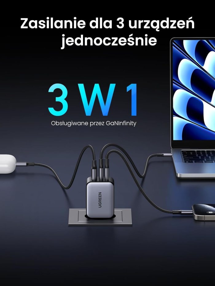 UGREEN Nexode X 65W Ładowarka USB-C Zasilacz mini PD 3-portowa ładowarka GaN Kompaktowa szybka ładowarka PPS 45W Kompatybilna z