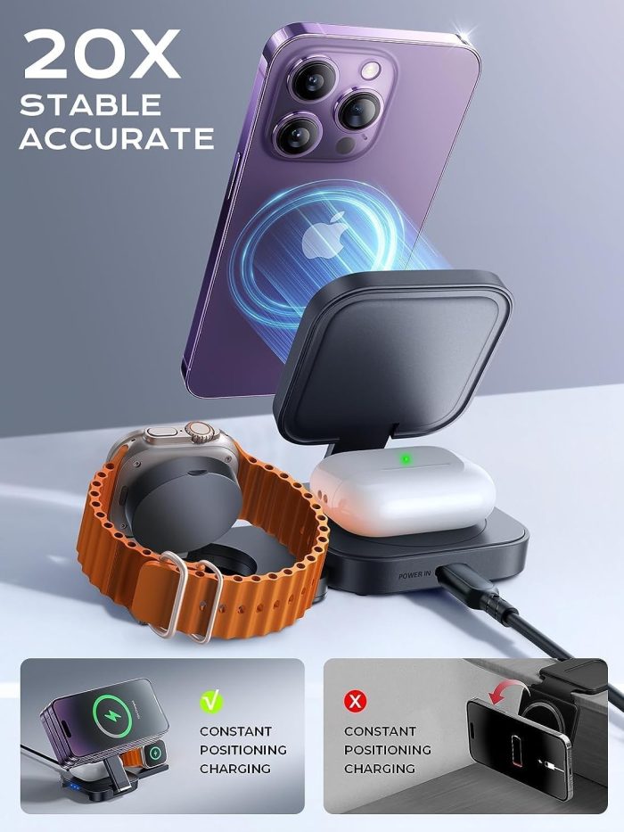 LISEN Stacja ładująca 3 w 1 do Apple Watch i iPhone'a, stacja ładująca Magsafe dla wielu urządzeń, bezprzewodowa ładowarka do