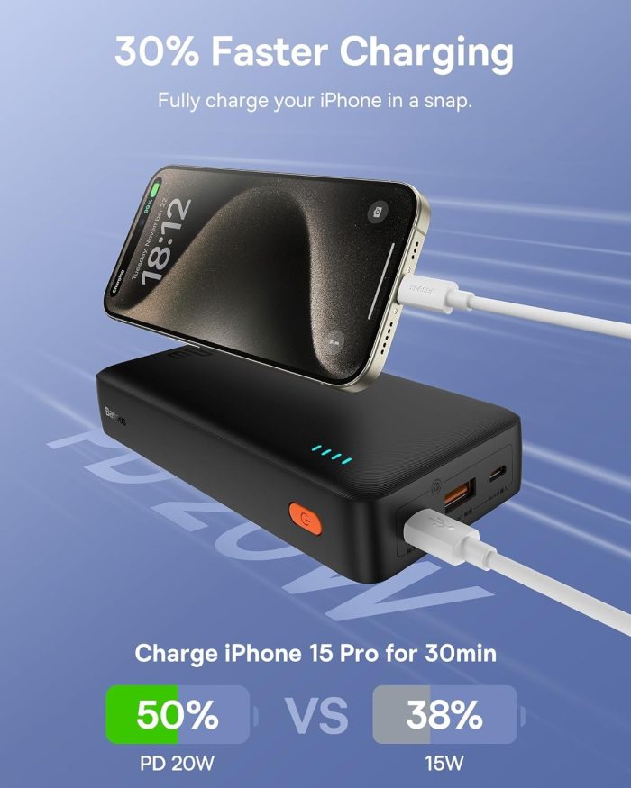 Baseus Powerbank, 20000mAh Power Bank Szybkie Ładowanie, Zewnętrzna bateria telefonu 20W PD QC Ładowarka z USB C na Wejściu i