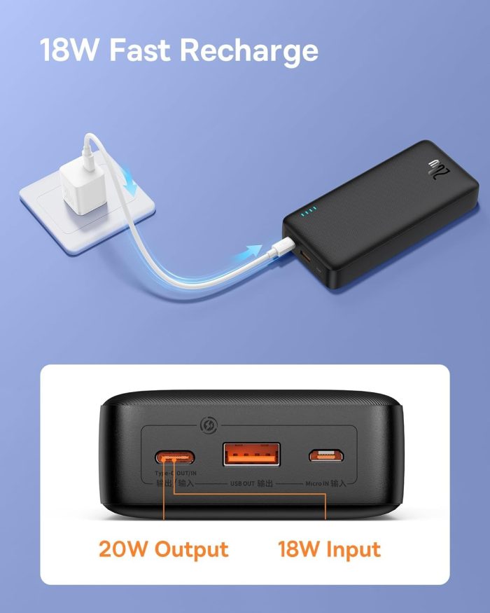 Baseus Powerbank, 20000mAh Power Bank Szybkie Ładowanie, Zewnętrzna bateria telefonu 20W PD QC Ładowarka z USB C na Wejściu i