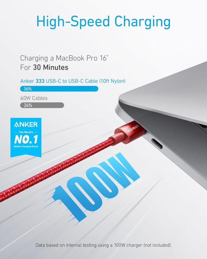 Anker Nylon USB-C na USB-C, kabel 100 W Type-C, 3 m, szybkie ładowanie, MacBook Pro 2020, iPad Pro 2020, Air 4, Galaxy S20 Plus