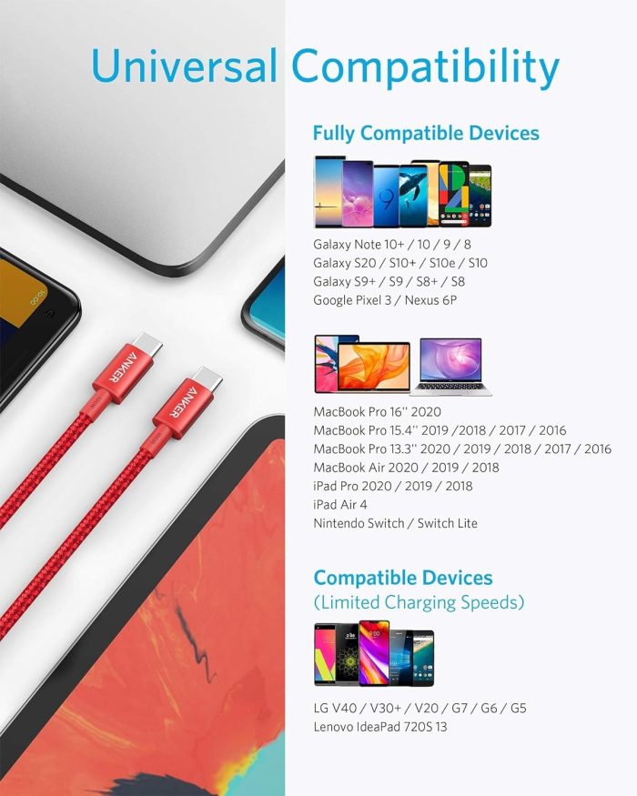 Anker Nylon USB-C na USB-C, kabel 100 W Type-C, 3 m, szybkie ładowanie, MacBook Pro 2020, iPad Pro 2020, Air 4, Galaxy S20 Plus