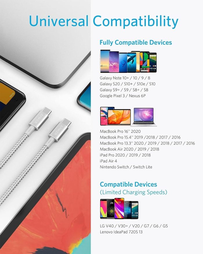 Anker Nylon USB-C na USB-C, kabel 100 W Type-C, 3 m, szybkie ładowanie, MacBook Pro 2020, iPad Pro 2020, Air 4, Galaxy S20 Plus