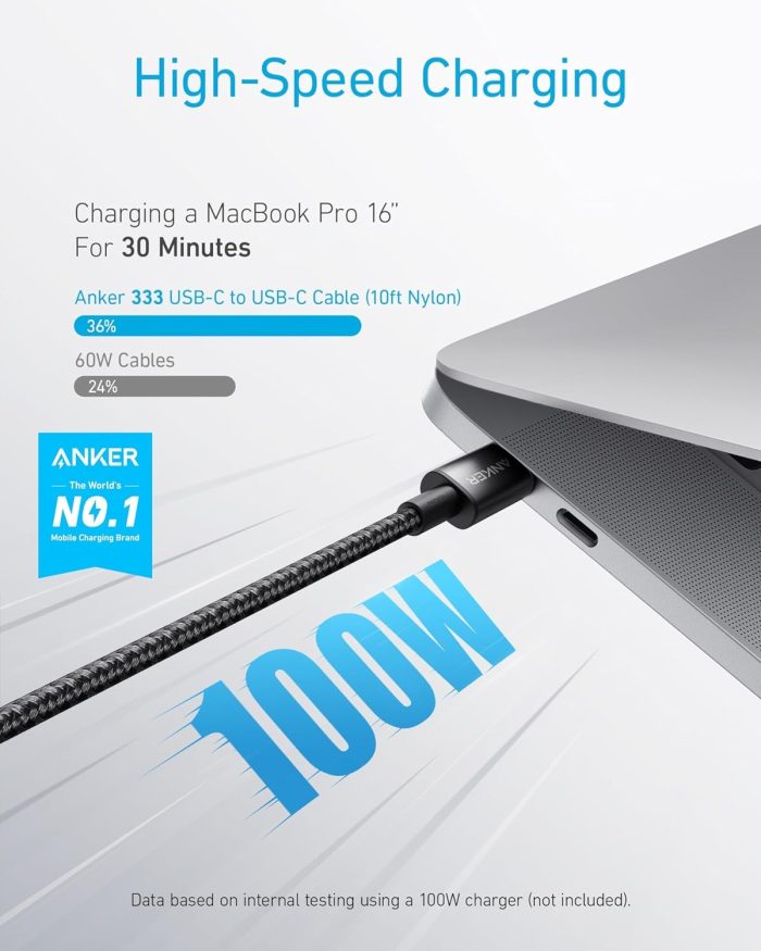 Anker Nylon USB-C na USB-C, kabel 100 W Type-C, 3 m, szybkie ładowanie, MacBook Pro 2020, iPad Pro 2020, Air 4, Galaxy S20 Plus