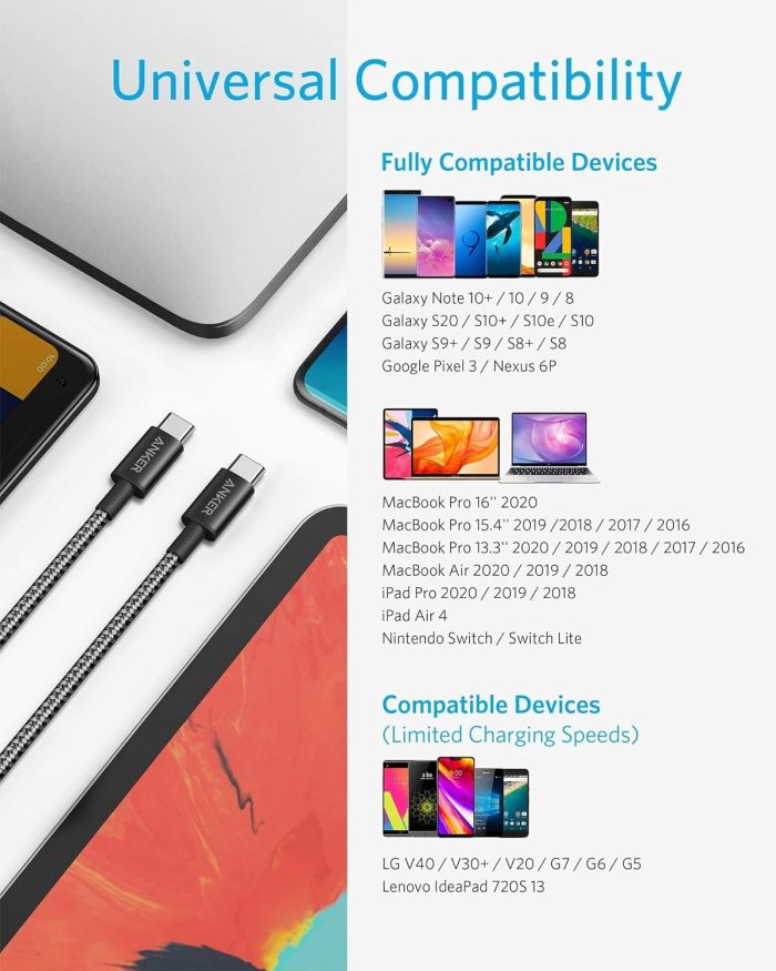 Anker Nylon USB-C na USB-C, kabel 100 W Type-C, 3 m, szybkie ładowanie, MacBook Pro 2020, iPad Pro 2020, Air 4, Galaxy S20 Plus