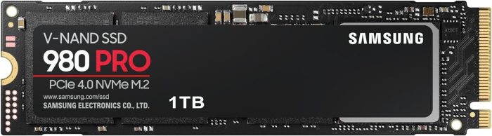 Samsung 980 PRO M.2 NVMe SSD (MZ-V8P1T0BW), 1 TB, PCIe 4.0, 7,000 MB/s Read, 5,000 MB/s Write, Internal Solid State Drive
