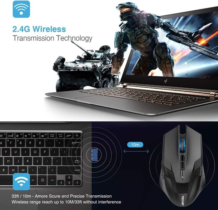 TECKNET Raptor 2.4G bezprzewodowa mysz gamingowa, 8 przycisków, 4800 DPI, 20 milionów kliknięć, profesjonalny komputer optyczny,