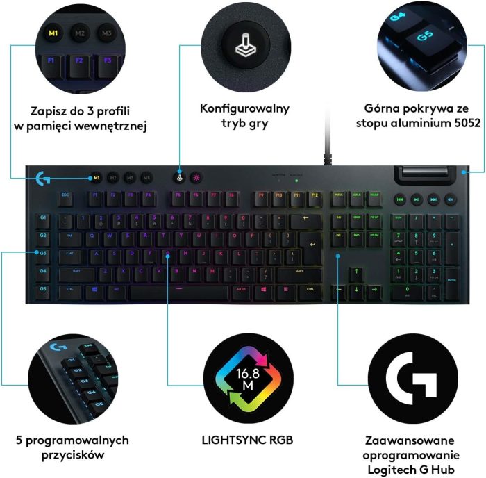 Logitech G815 Lightsync Rgb Mechanical Gaming Keyboard, Mechaniczna Klawiatura Do Gier Lightsync Rgb, Linear Przełączniki,Pc/Mac