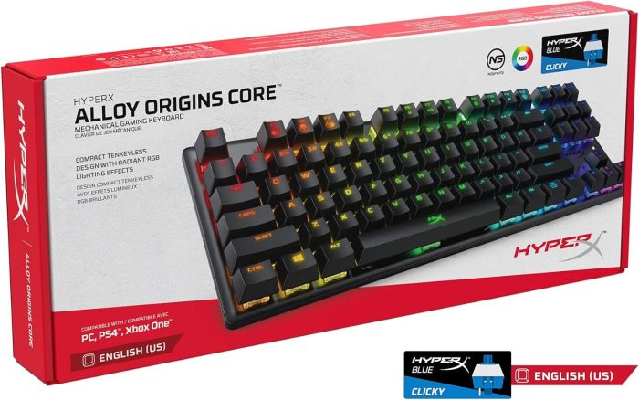 HyperX Alloy Origins Core Mechaniczna Klawiatura Gamingowa Tkl, Kompaktowy Format, HyperX Blue, Podświetlenie RGB LED