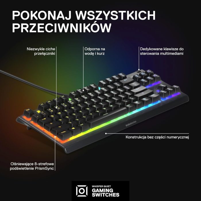 SteelSeries Apex 3 TKL - RGB Gaming Keyboard - Kompaktowa e-sportowa obudowa bez części numerycznej - 8-strefowe podświetlenie