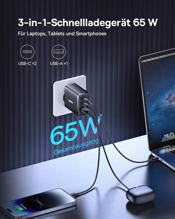 Baseus Ładowarka USB C, 65 W, zasilacz USB C, 3-portowy ładowarka PD, ładowarka z PPS, GaN szybka ładowarka kompatybilna z