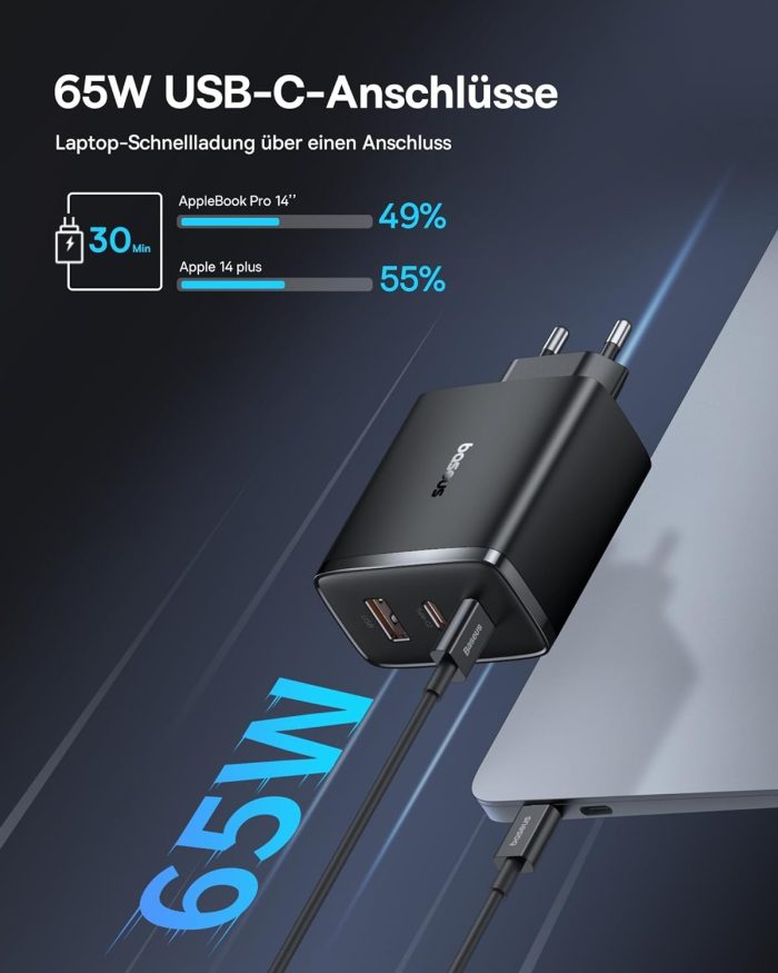 Baseus Ładowarka USB C, 65 W, zasilacz USB C, 3-portowy ładowarka PD, ładowarka z PPS, GaN szybka ładowarka kompatybilna z