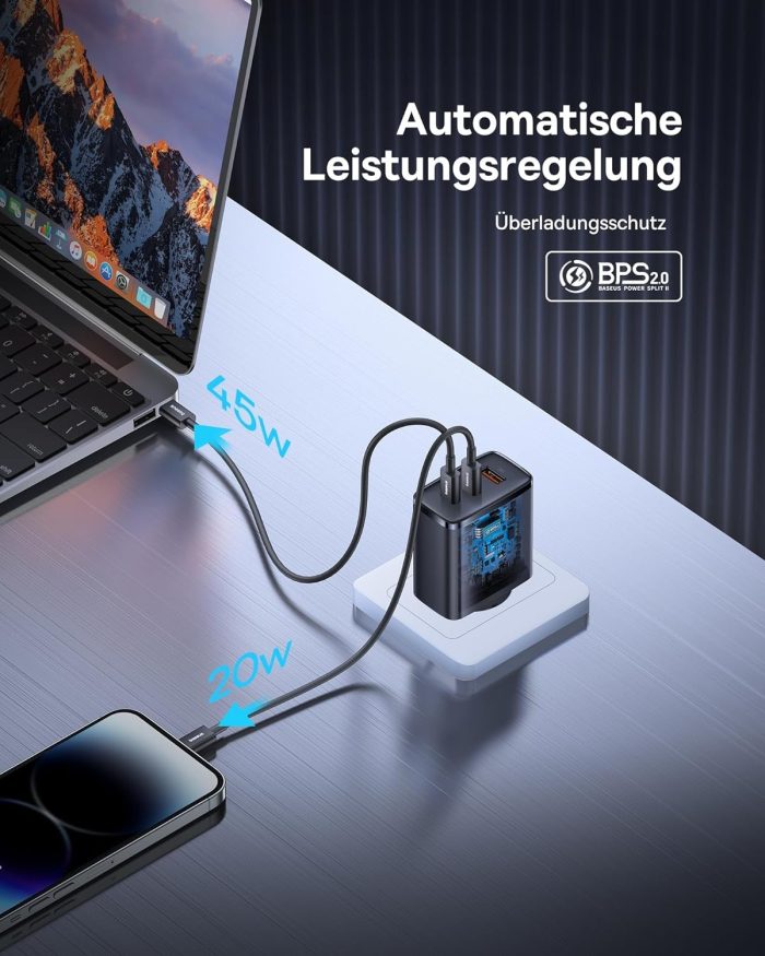 Baseus Ładowarka USB C, 65 W, zasilacz USB C, 3-portowy ładowarka PD, ładowarka z PPS, GaN szybka ładowarka kompatybilna z