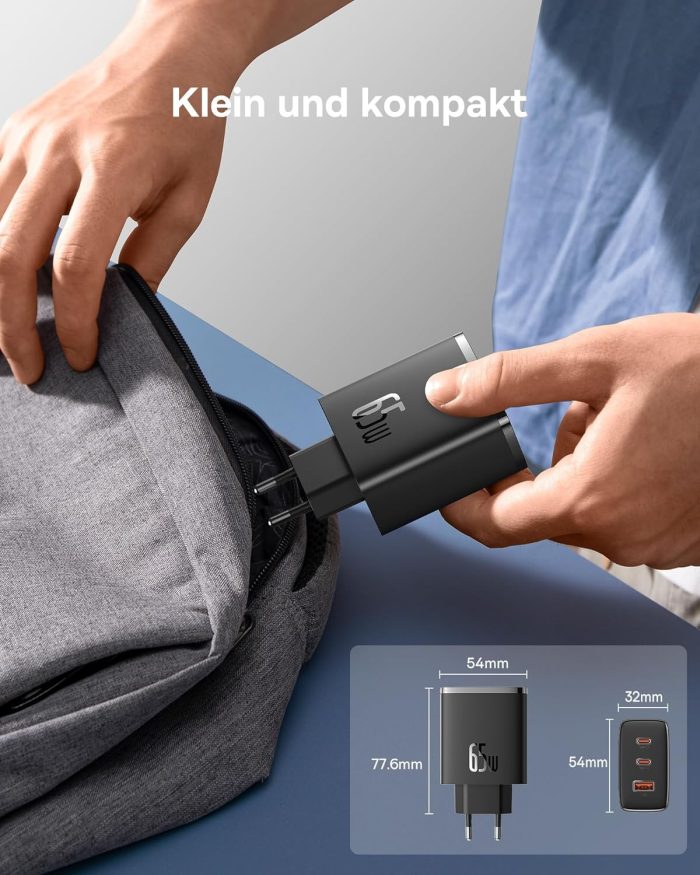 Baseus Ładowarka USB C, 65 W, zasilacz USB C, 3-portowy ładowarka PD, ładowarka z PPS, GaN szybka ładowarka kompatybilna z