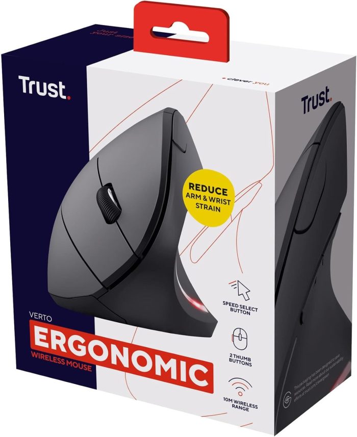 Trust Verto Verto Vertical Mouse, 800-1600 DPI, ergonomiczna mysz, praworęczna, bezprzewodowa mysz LED, 6 przycisków, RF 2.4GHz,