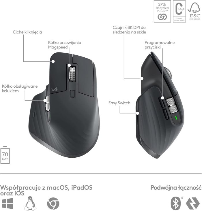 Logitech MX Master 3S - ergonomiczna mysz bezprzewodowa z ultraszybkim przewijaniem, 8K DPI, działa nawet na szkle, ciche