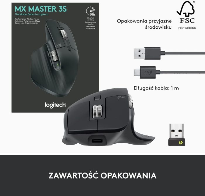 Logitech MX Master 3S - ergonomiczna mysz bezprzewodowa z ultraszybkim przewijaniem, 8K DPI, działa nawet na szkle, ciche