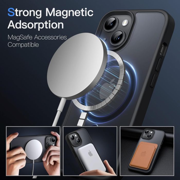 JETech Magnetyczna Etui dla iPhone 15 6,1 Cala Kompatybilny z MagSafe, Półprzezroczysta Matowe Tylna Szczupły Odporny na