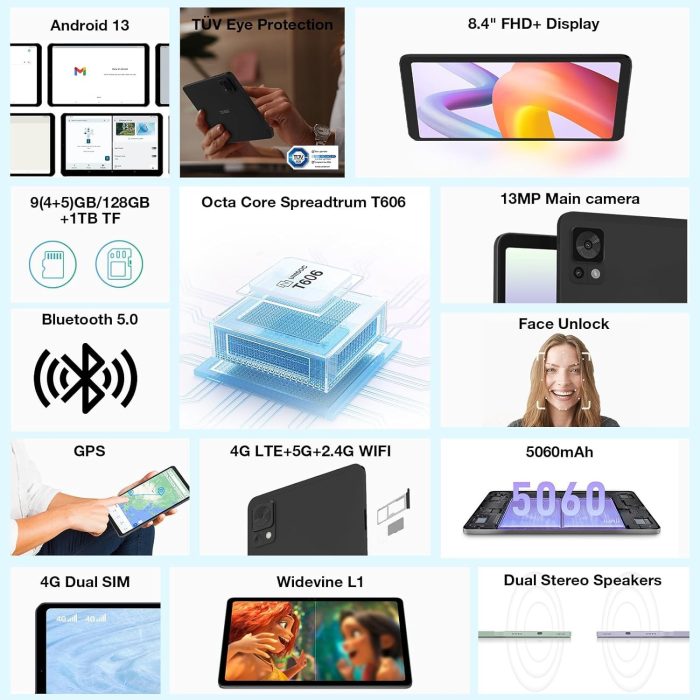 DOOGEE T20 Mini tablet 8,4 cala, wyświetlacz 2,3 K FHD+, 9 GB RAM + 128 GB ROM (1TB TF) Android 13, tablet 5060 mAh 13 MP,