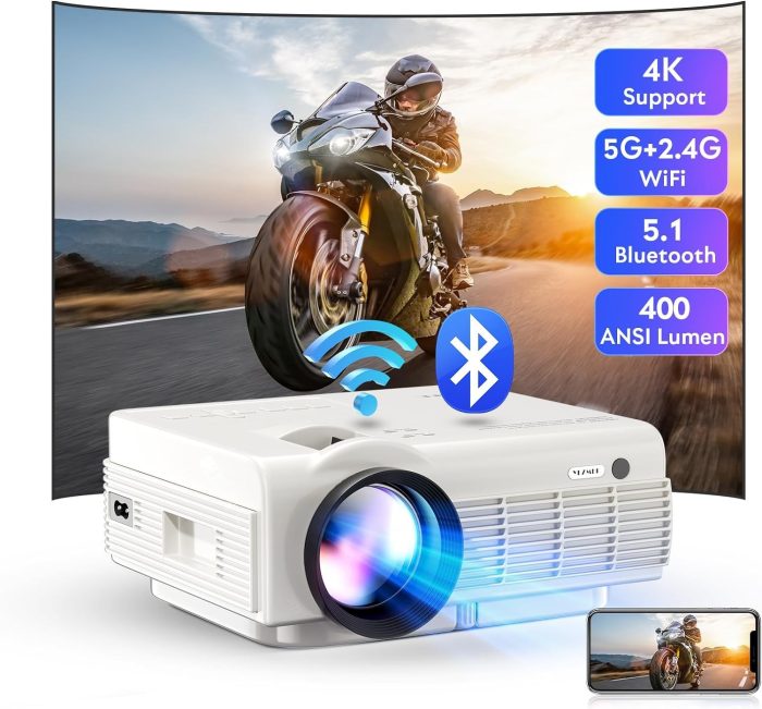 Projektor YEZMEK Native 1080P Full HD 5G WiFi Bluetooth, 15 000 lumenów, mini projektor LED obsługuje 4K, projektor kina