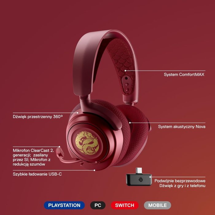 SteelSeries Arctis Nova 7 Wireless - Multi-Platform Gaming Headset - Dragon Edition - głośniki + nakładki - Podwójna łączność